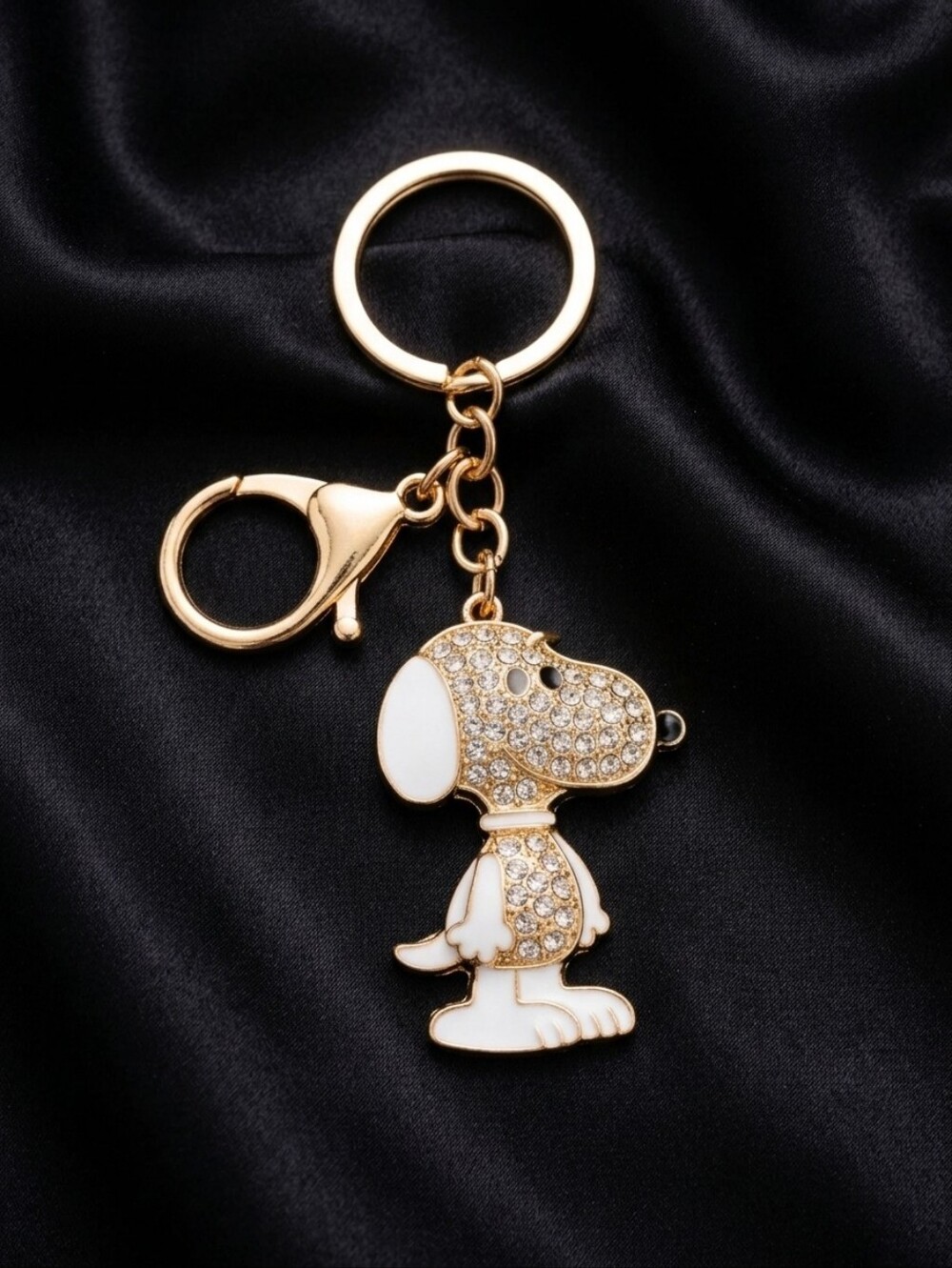 Gold and White Snoopy Crystal Keychain Charm